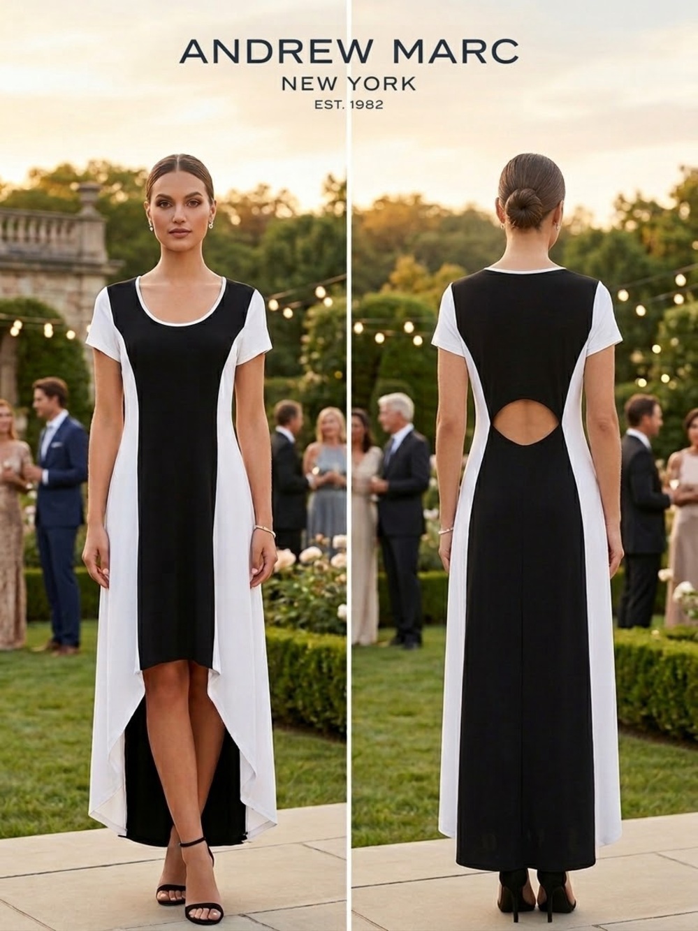 NWT Andrew Marc Black & White High-Low Maxi Dress